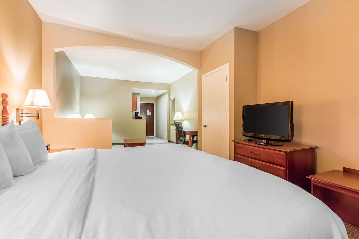 Une chambre d’hôtel avec un grand lit, un téléviseur posé sur un meuble en bois, un bureau avec une chaise et un miroir au mur.