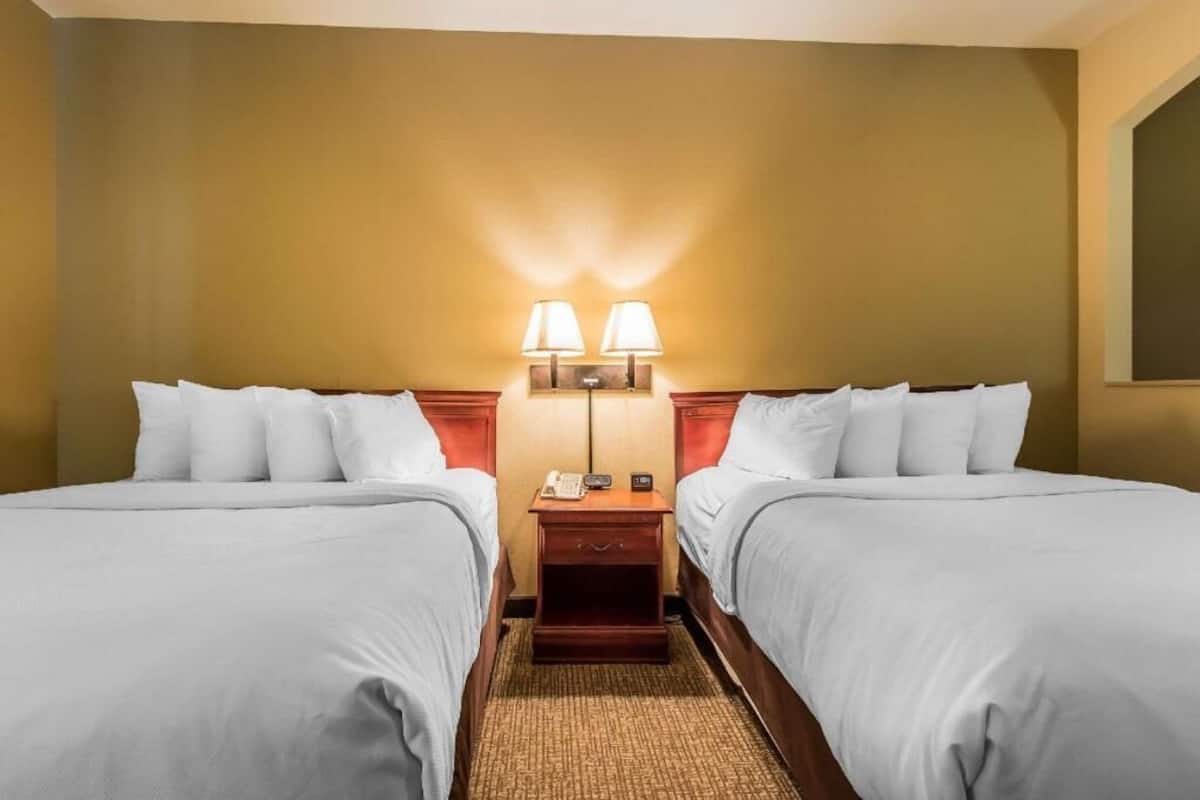 A hotel room with two beds, a nightstand with lamps, and a plain wall.