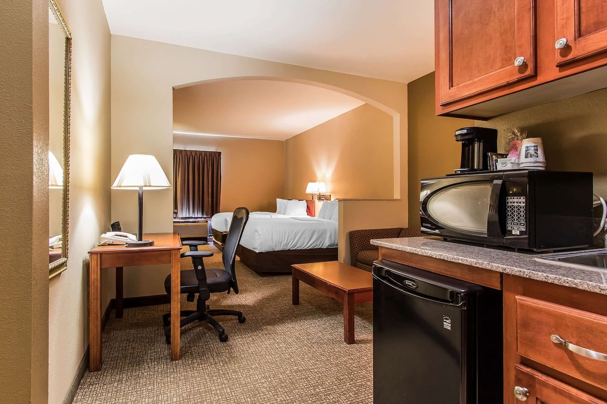 Une chambre d’hôtel de taille réduite, comprenant un lit, un bureau, une chaise et une kitchenette.