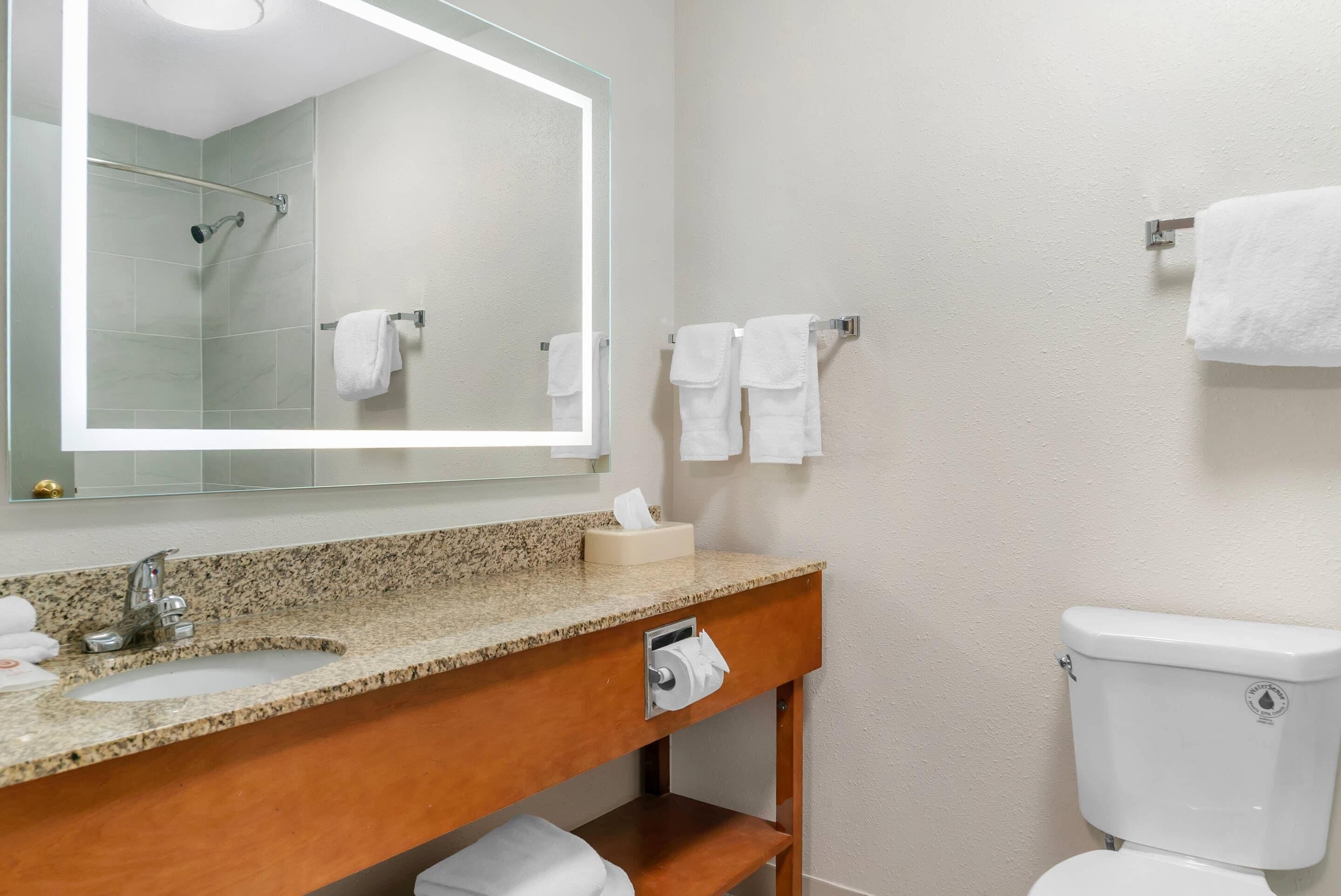 Une salle de bain avec un lavabo doté d’un plan de travail en granit, un miroir avec éclairage intégré, des toilettes et deux porte-serviettes avec des serviettes blanches.
