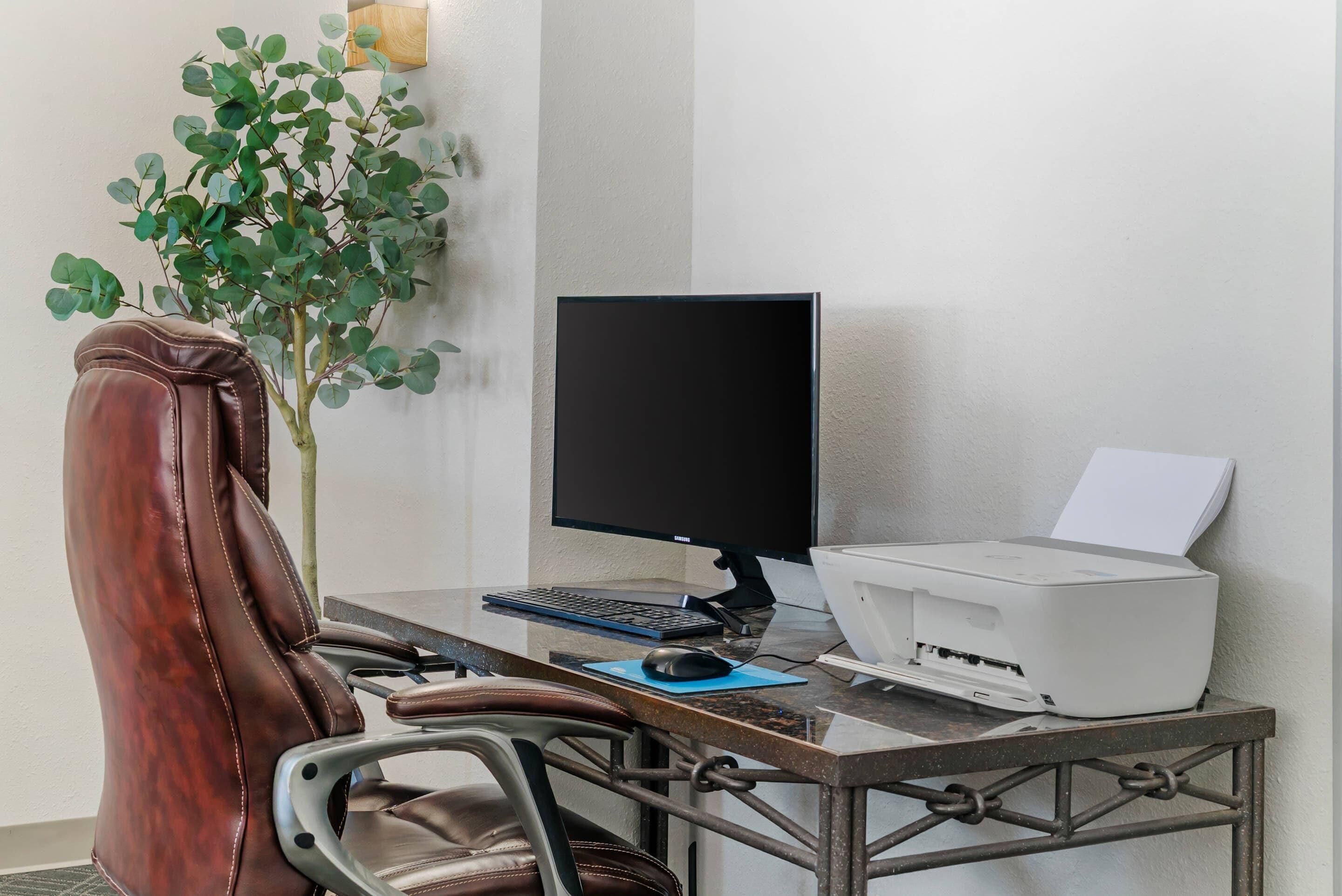 Een werkplek met een lederen stoel, een bureau, een computerscherm, een toetsenbord, een muis, een printer en een potplant.