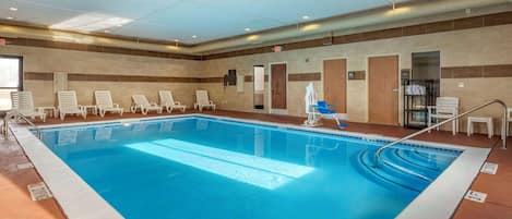 Indoor pool, open 9:00 AM to 10:00 PM, sun loungers