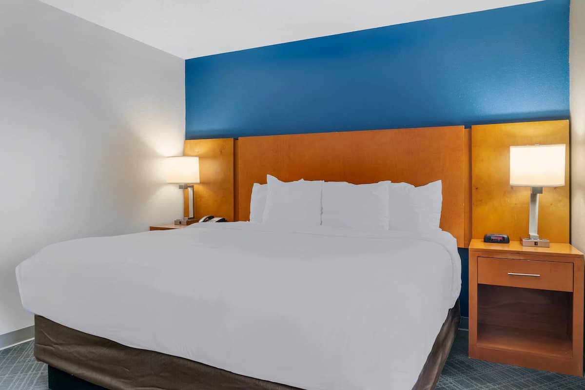 Une chambre d’hôtel avec un grand lit, deux tables de chevet avec des lampes et une tête de lit en bois.