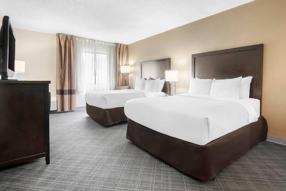 Standard Room, 2 Double Beds, Non Smoking | Desk, laptop workspace, blackout drapes, iron/ironing board