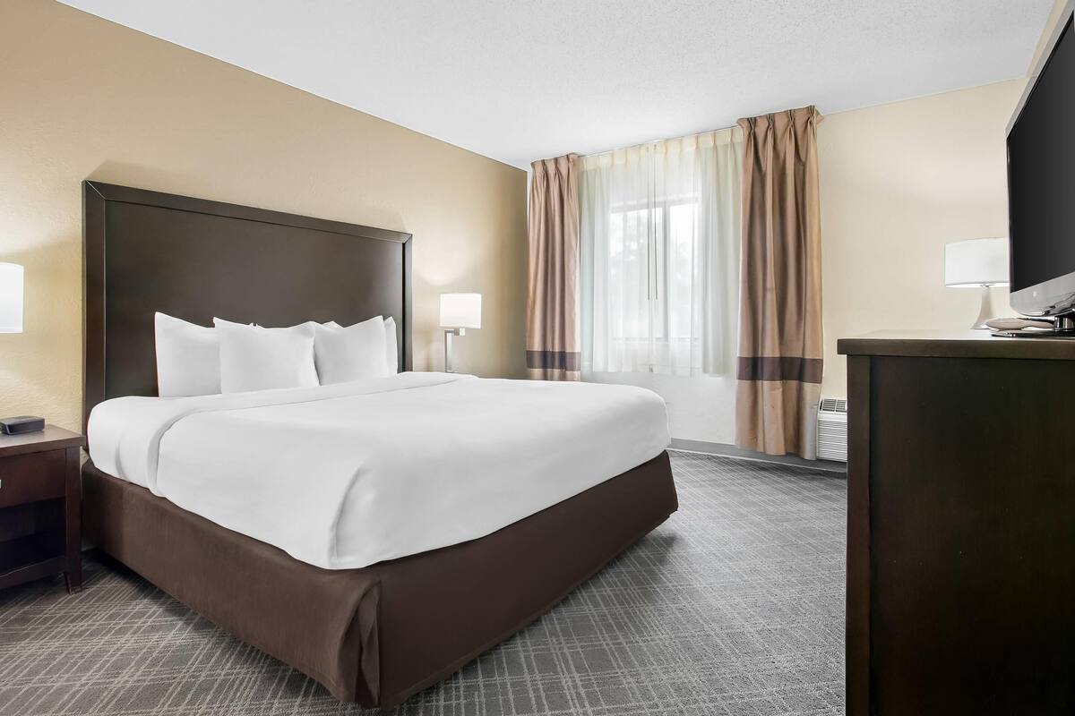Standard Room, 1 King Bed, Non Smoking | Desk, laptop workspace, blackout drapes, iron/ironing board