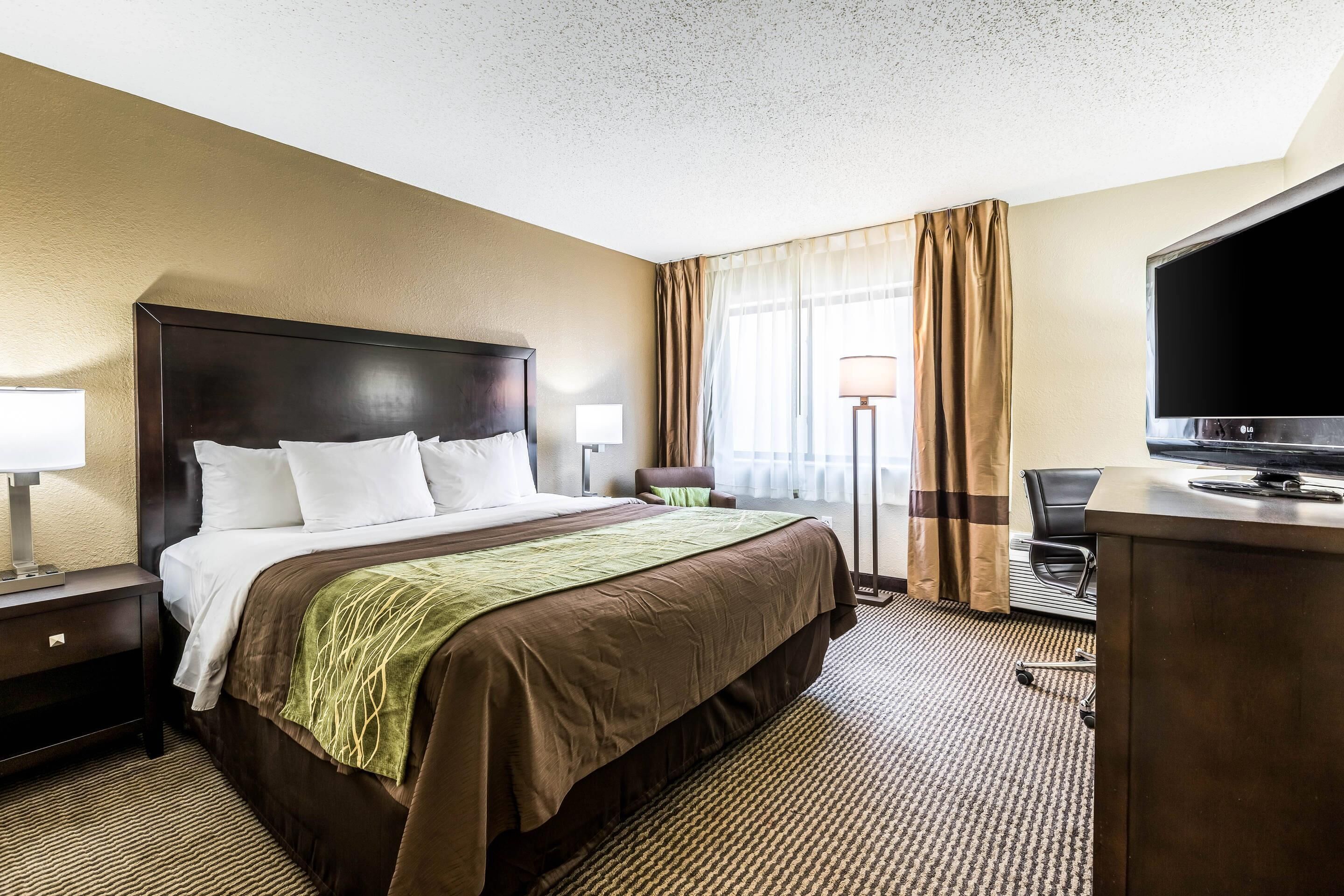 Standard Room, 1 King Bed, Non Smoking, Jetted Tub | Desk, laptop workspace, blackout drapes, iron/ironing board