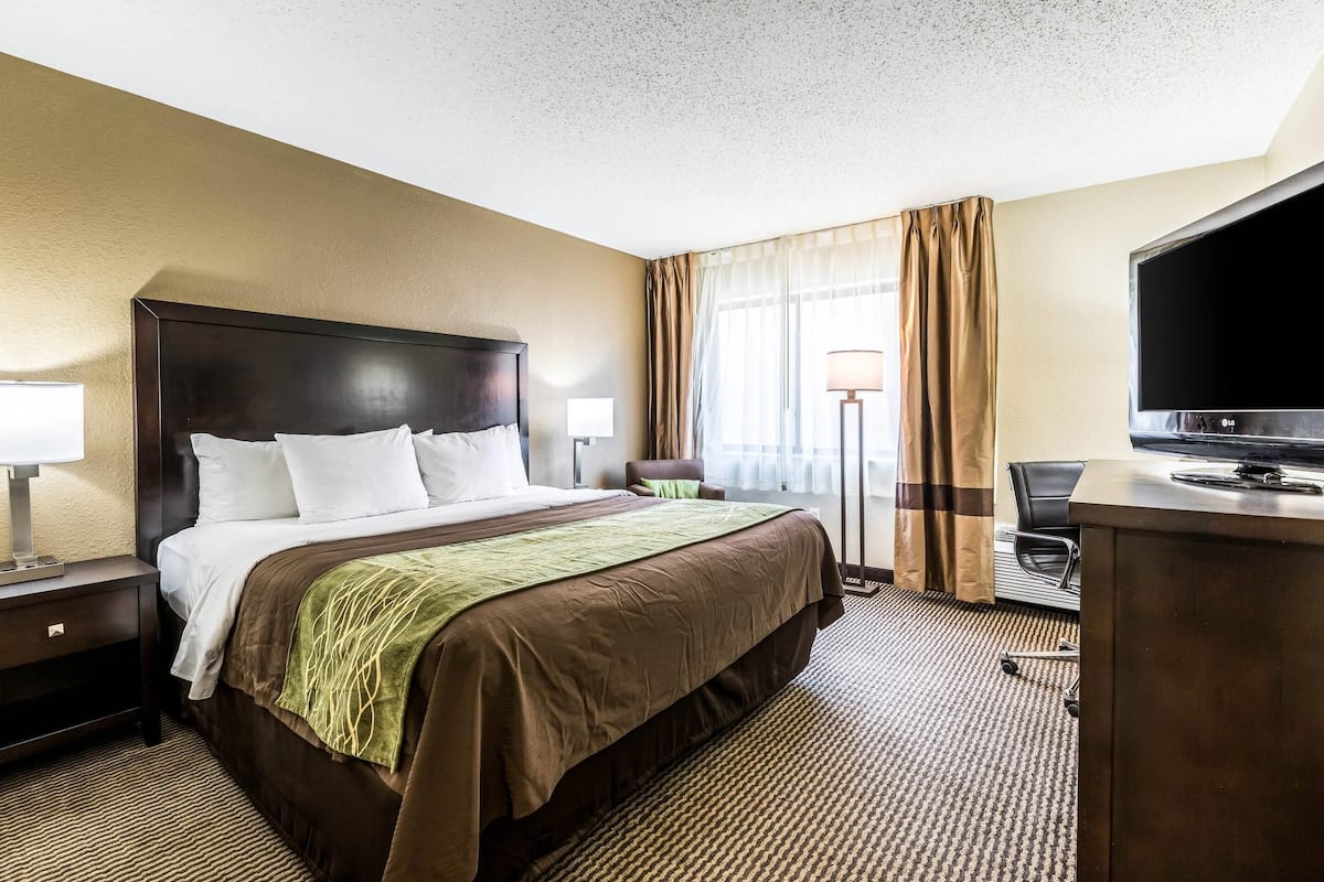 Standard Room, 1 King Bed, Non Smoking, Jetted Tub | Desk, laptop workspace, blackout drapes, iron/ironing board