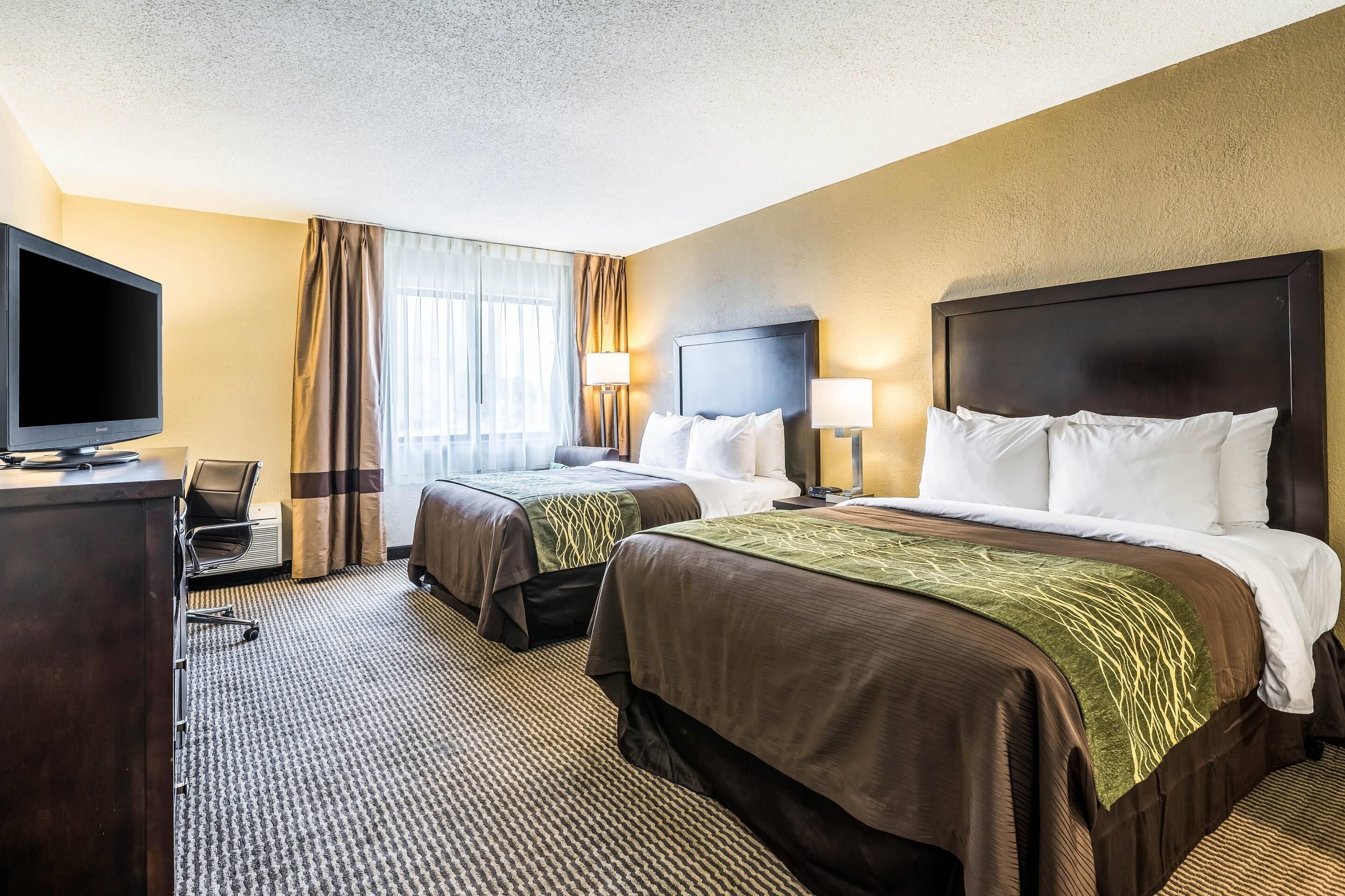 Standard Room, 2 Double Beds, Non Smoking | Desk, laptop workspace, blackout drapes, iron/ironing board