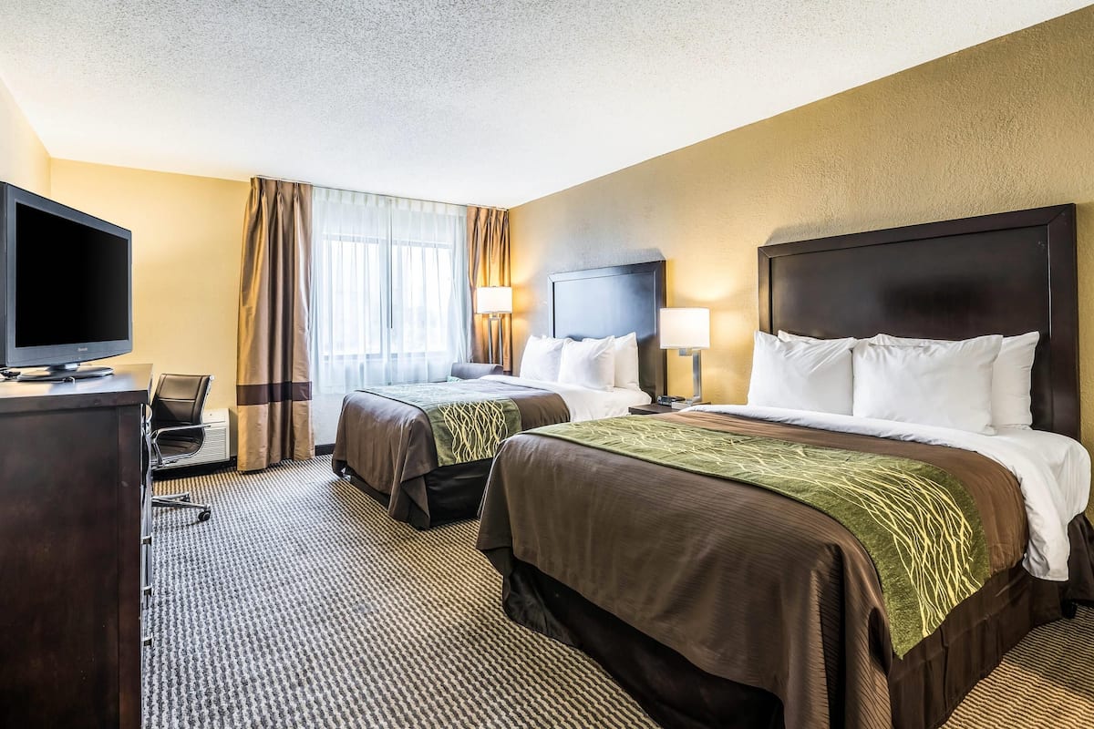 Standard Room, 2 Double Beds, Non Smoking | Desk, laptop workspace, blackout drapes, iron/ironing board