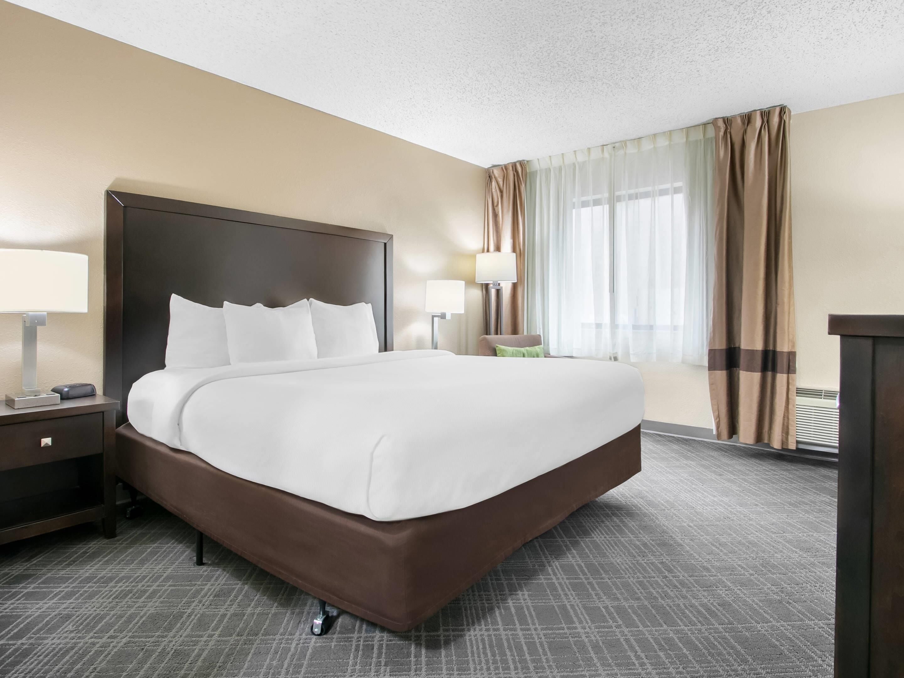 Standard Room, 1 King Bed, Non Smoking, Jetted Tub | Desk, laptop workspace, blackout curtains, iron/ironing board