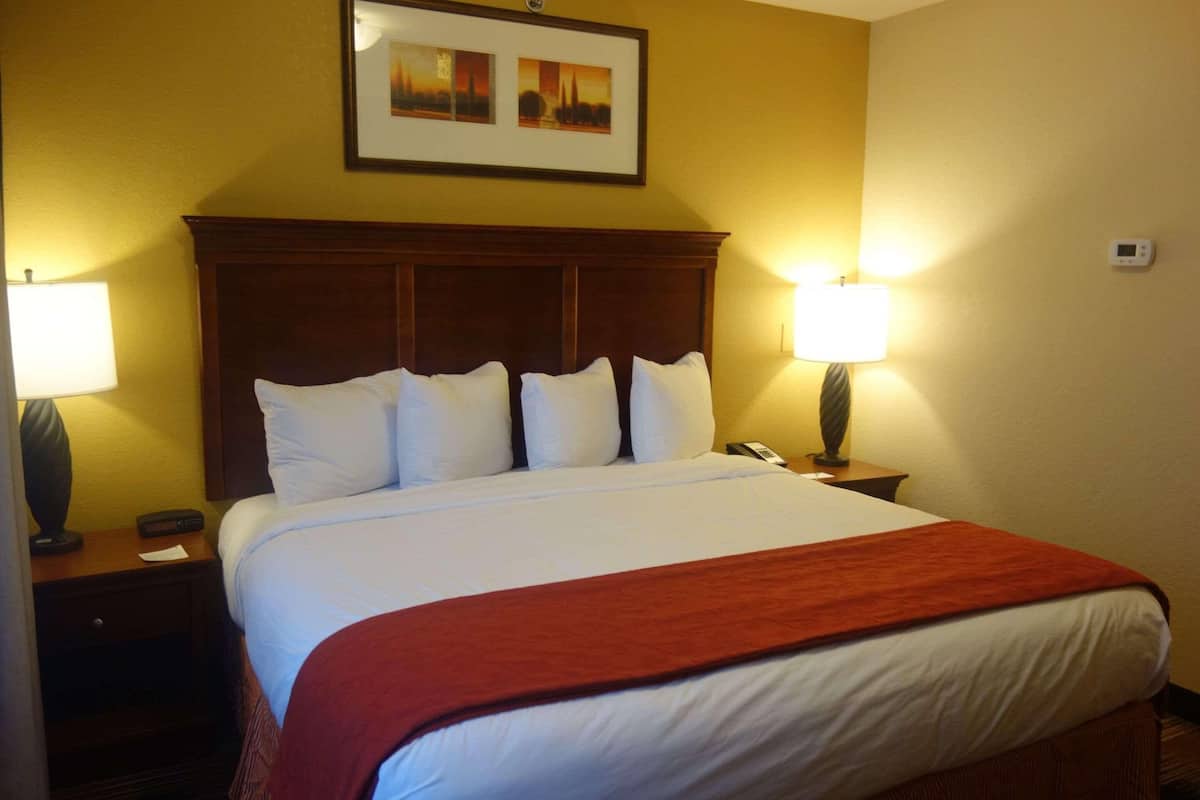 A hotel room with a large bed, two bedside lamps, a nightstand, and a framed picture on the wall.