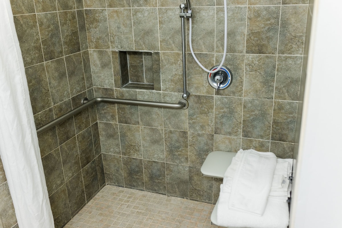 room, 1 king bed, accessible, non smoking | bathroom | combined shower/bathtub, hair dryer, towels