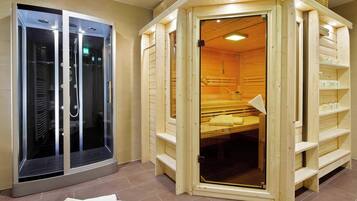 A sauna with a glass enclosure and wooden benches.