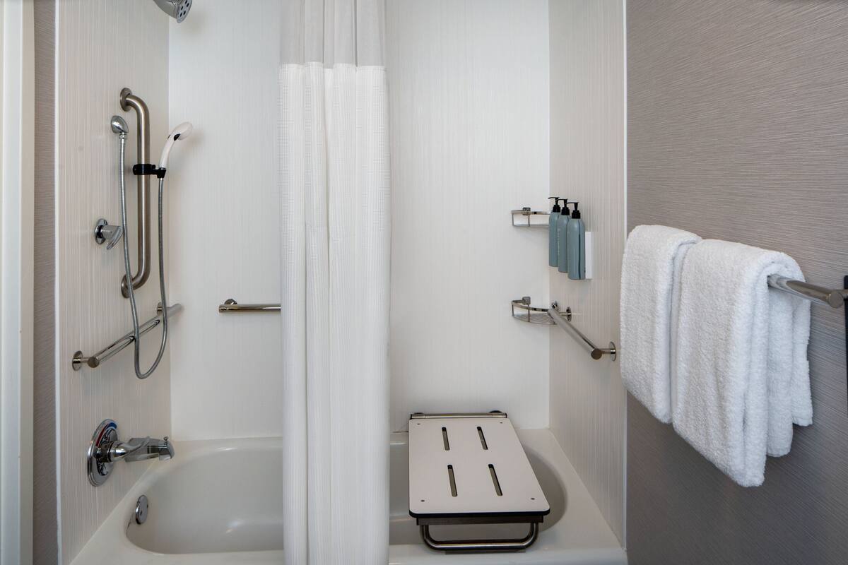 combined shower/bathtub, free toiletries, hair dryer, towels