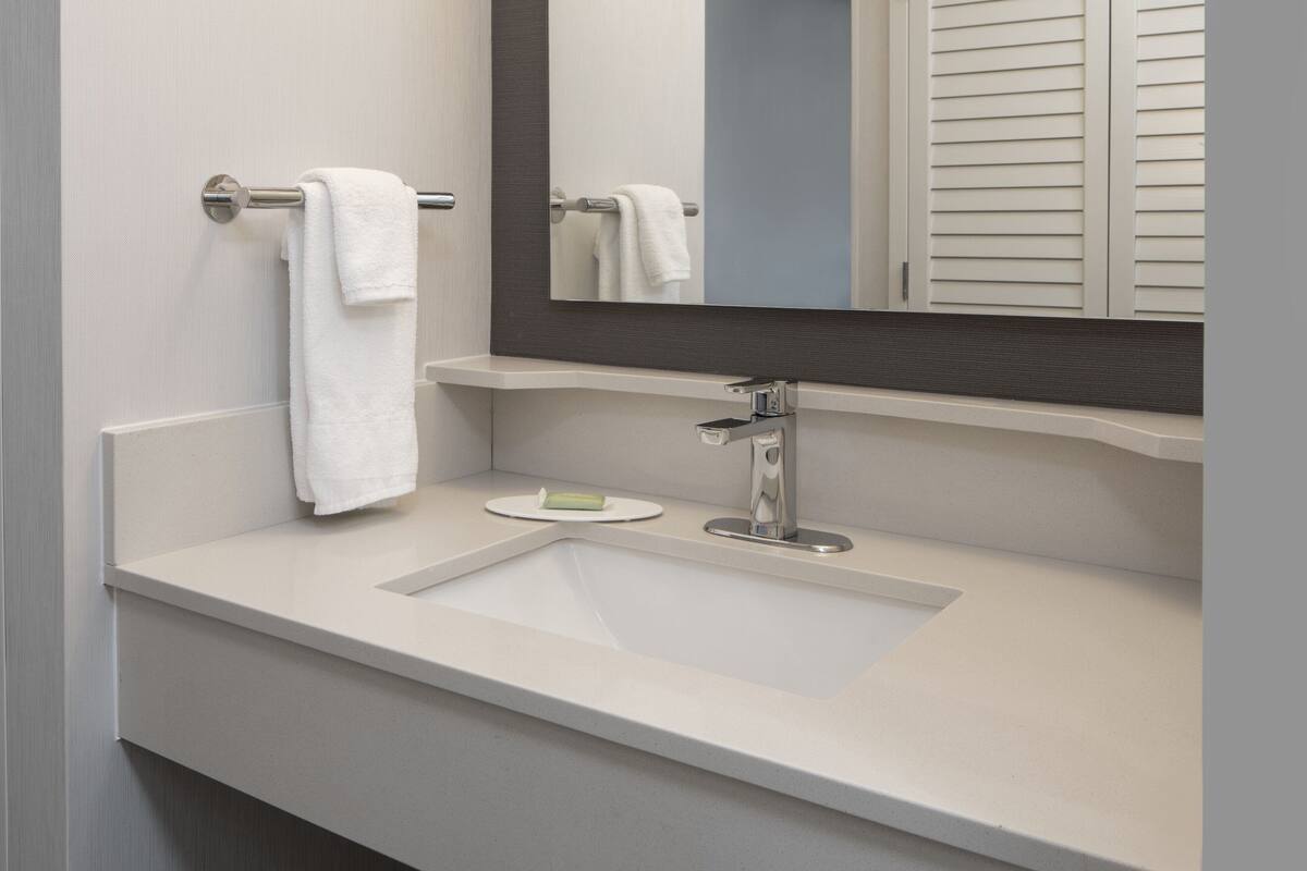 combined shower/bathtub, free toiletries, hair dryer, towels