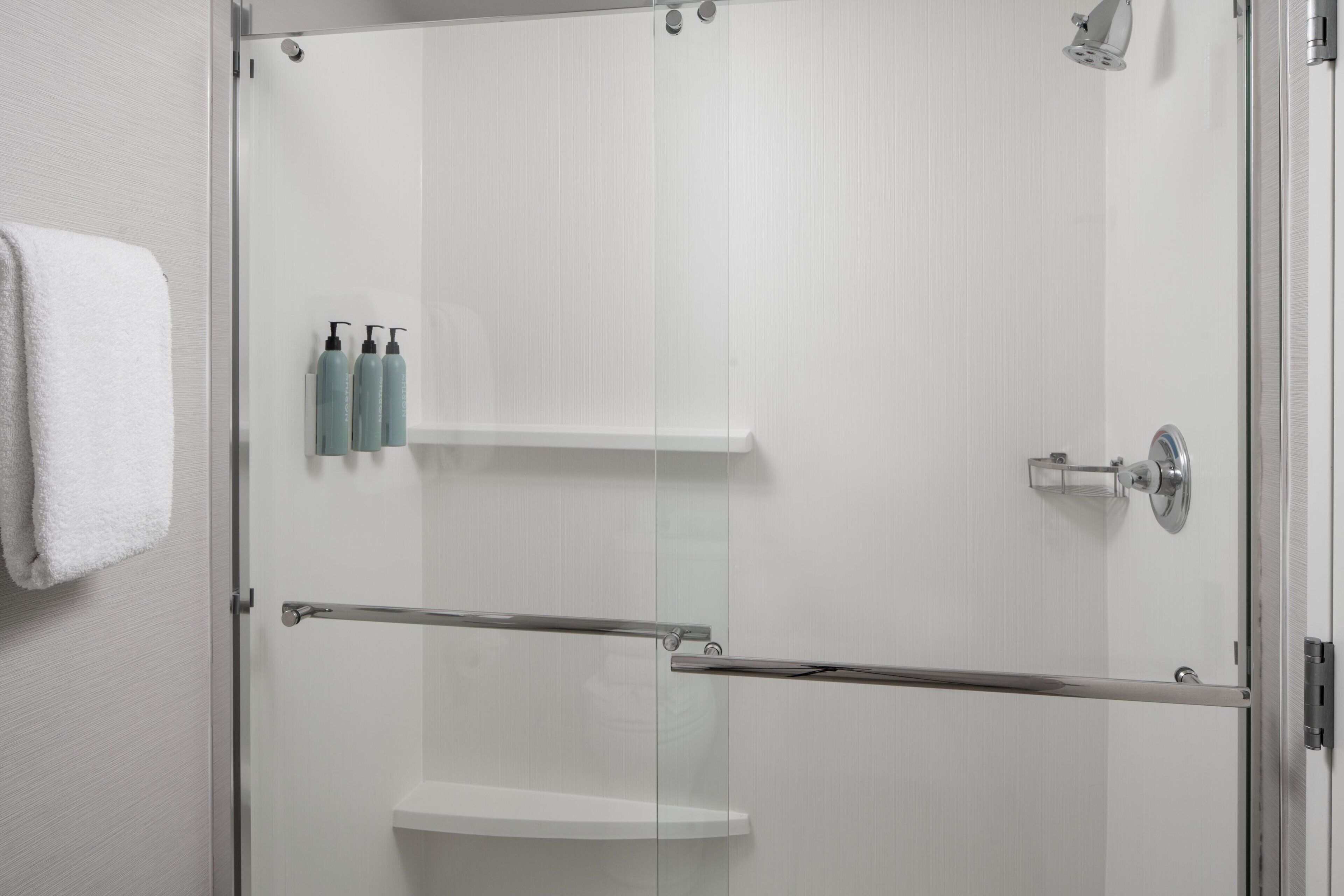 combined shower/bathtub, free toiletries, hair dryer, towels