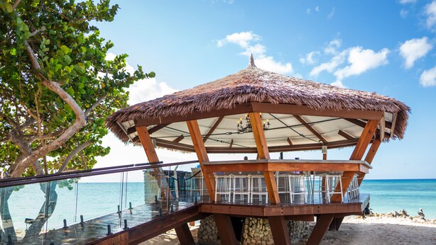 Ein hölzernes Pavillon mit einem Reetdach mit Blick auf einen Strand.
