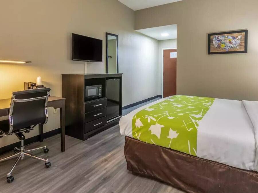 A hotel room with a bed, a desk with a chair, a television, a mirror, and a framed picture on the wall.