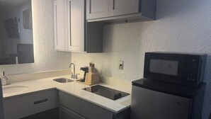 Cozinha compacta com pia dupla, micro-ondas e pequena geladeira.