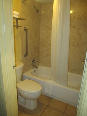 Standard Room, 2 Queen Beds, Non Smoking, Refrigerator & Microwave | Bathroom | Combined shower/tub, towels, toilet paper
