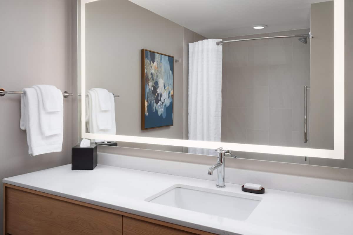 Amenidades de baño de diseñador, secadora de cabello, toallas