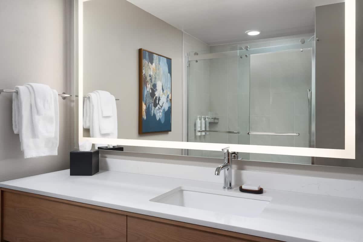 Amenidades de baño de diseñador, secadora de cabello, toallas