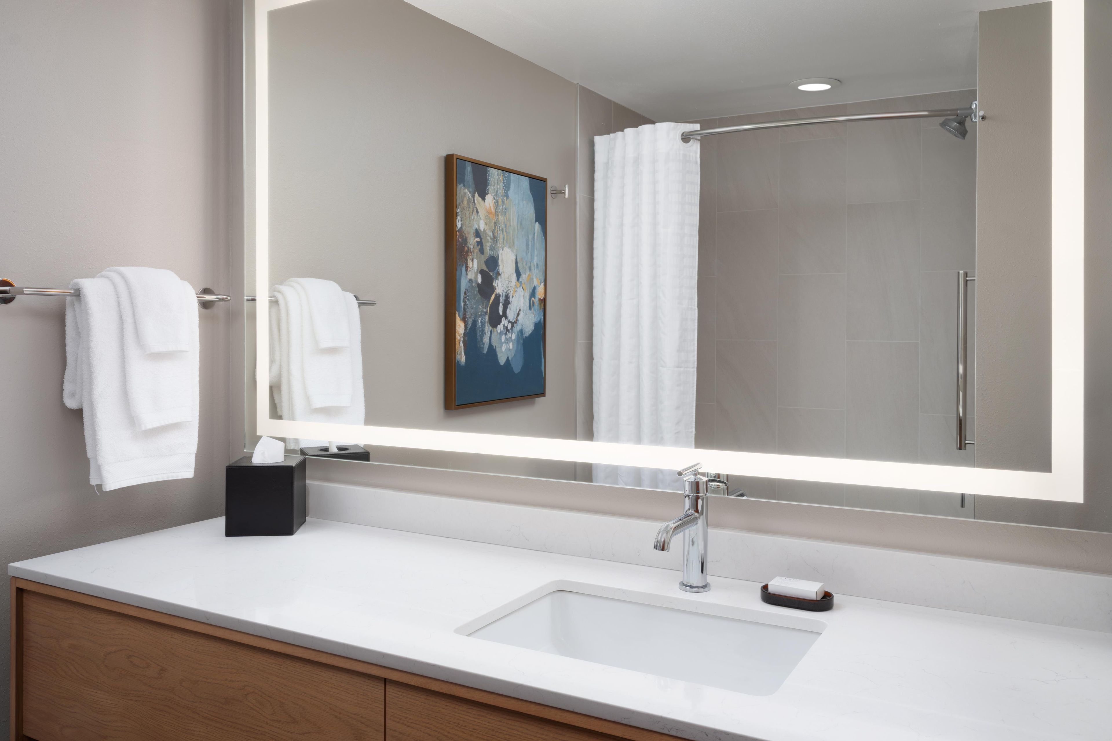 Une salle de bain moderne avec un grand miroir, un lavabo blanc et un espace douche.