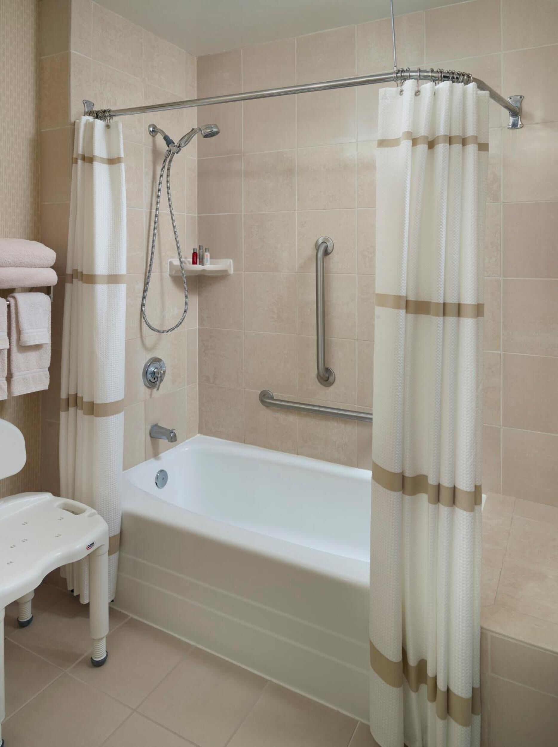 Un bagno con vasca, doccia, WC e mancorrente.