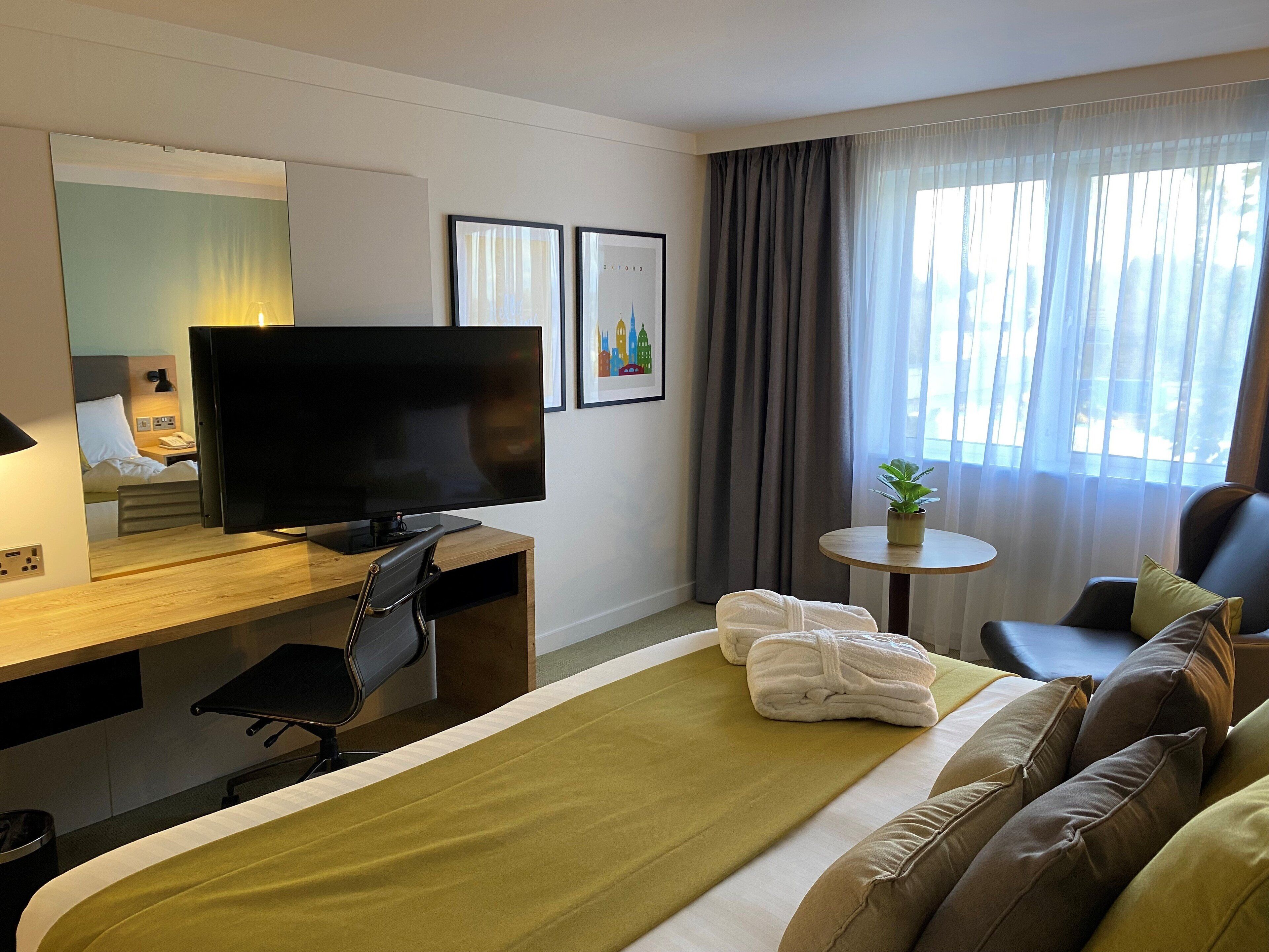 A hotel room with a bed, a desk with a television, a chair, a small table with a plant, and a window with curtains.
