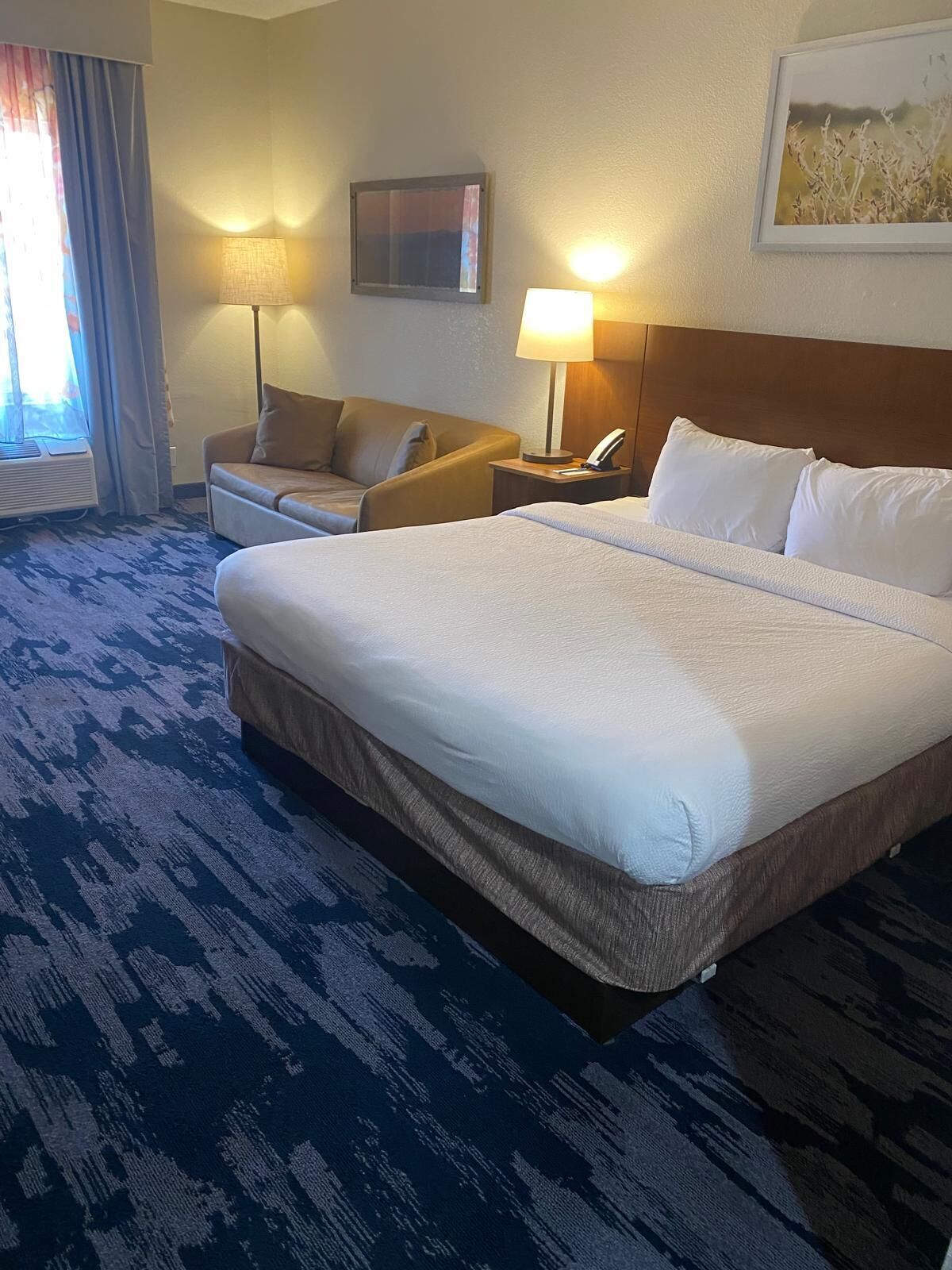 Une chambre d’hôtel avec un grand lit, un canapé, un bureau avec une lampe et une fenêtre avec des rideaux.