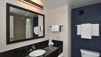 Hair dryer, towels, soap, shampoo