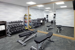 Un gimnasio con diversos equipos de ejercicio, como mancuernas, una banca y una cinta de correr.