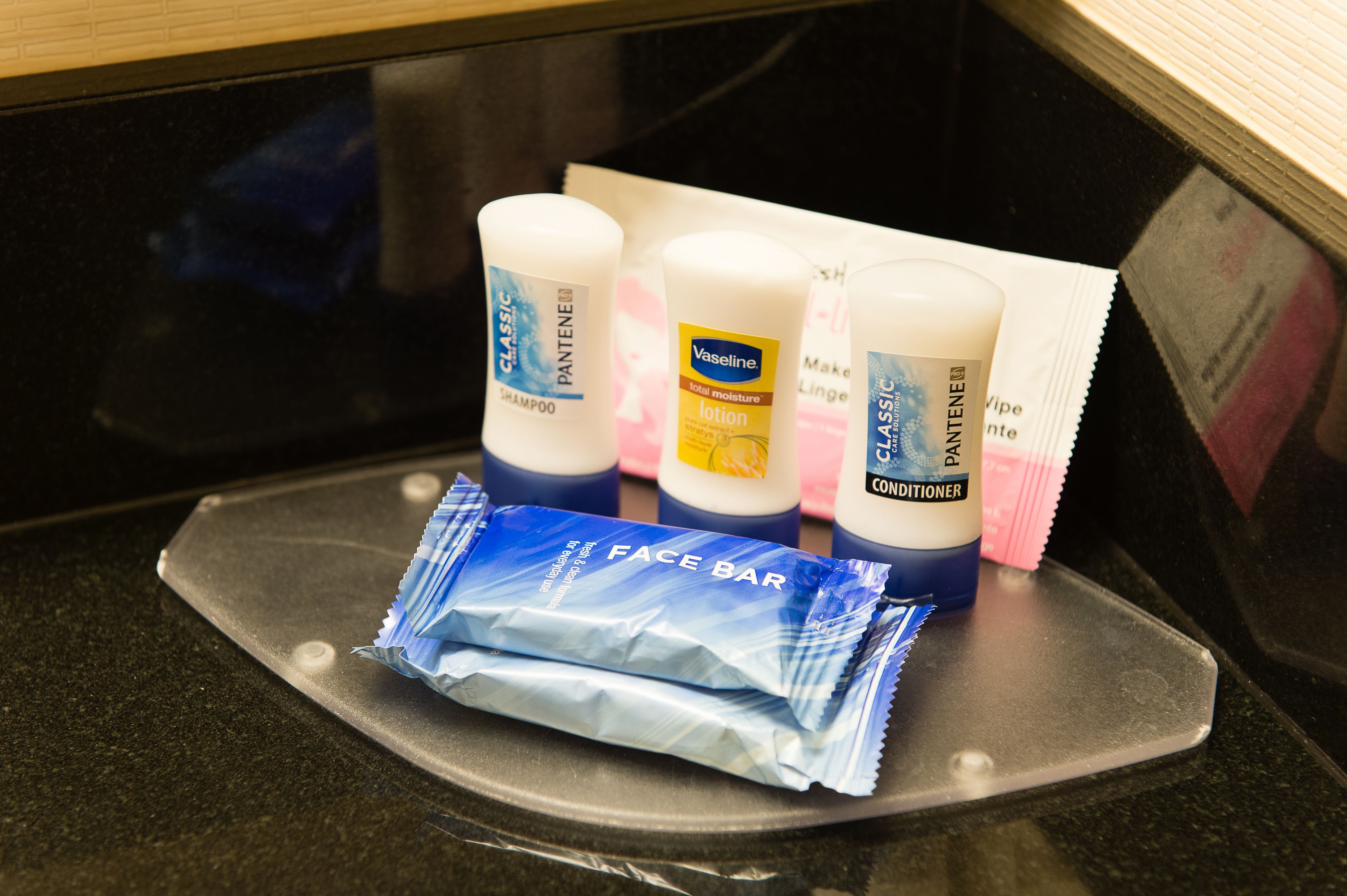 combined shower/bathtub, free toiletries, hair dryer, towels