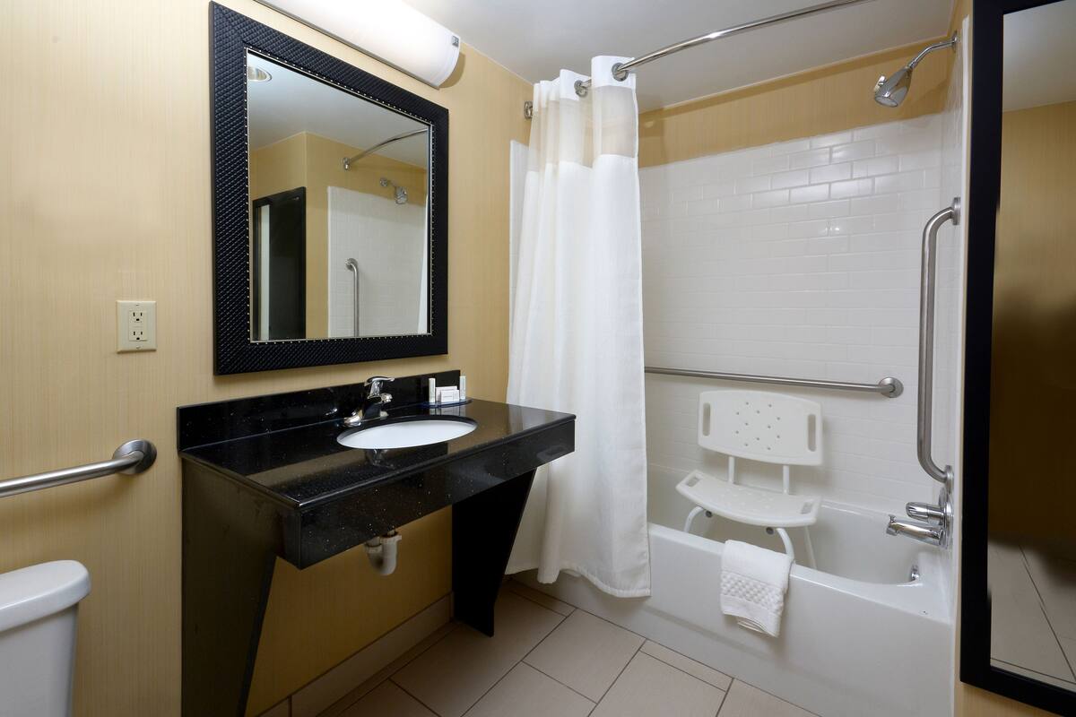 free toiletries, hair dryer, towels