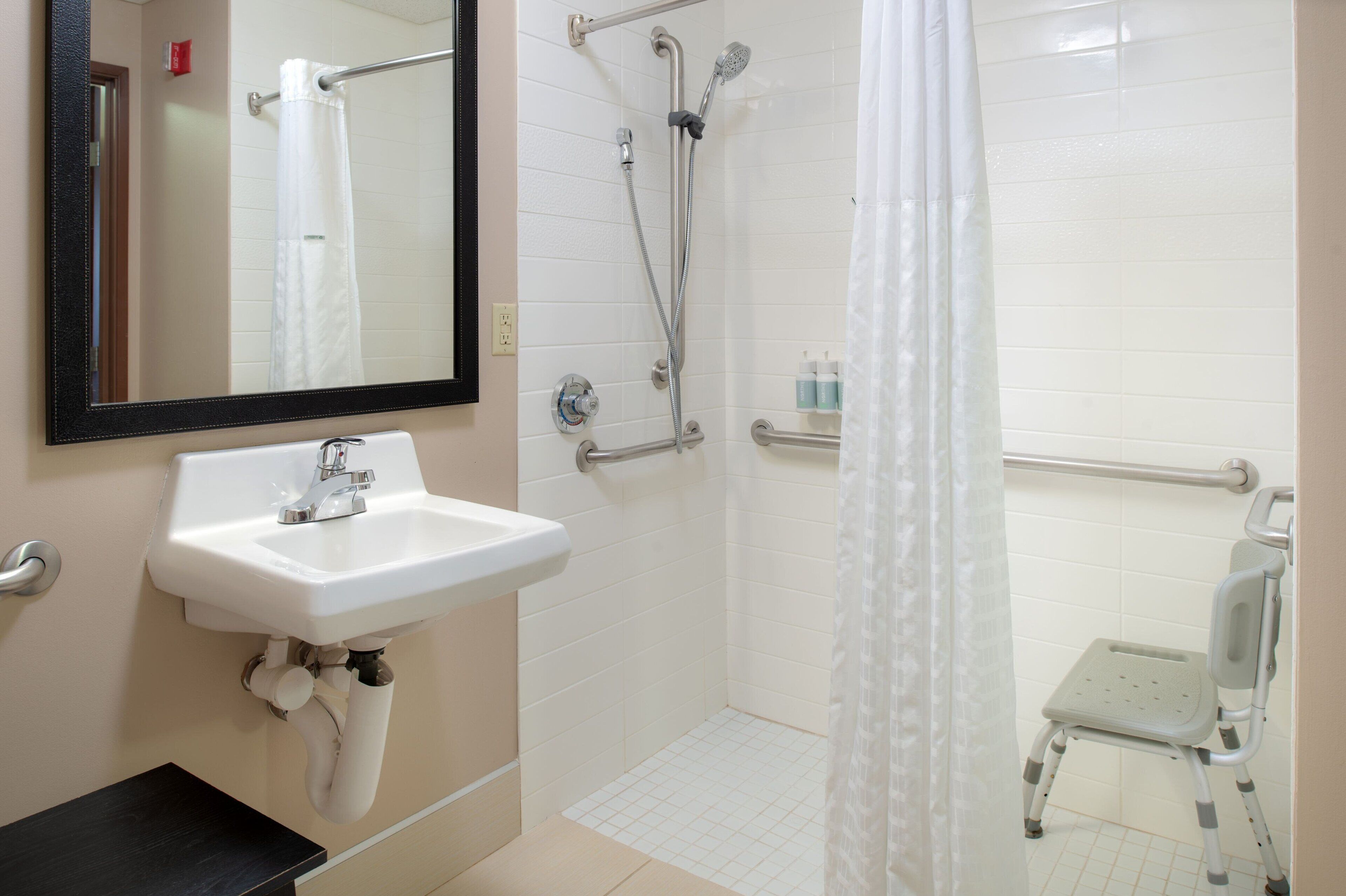 room, 1 king bed (mobility/hearing access, roll-in shwr) | bathroom | free toiletries, hair dryer, towels, soap