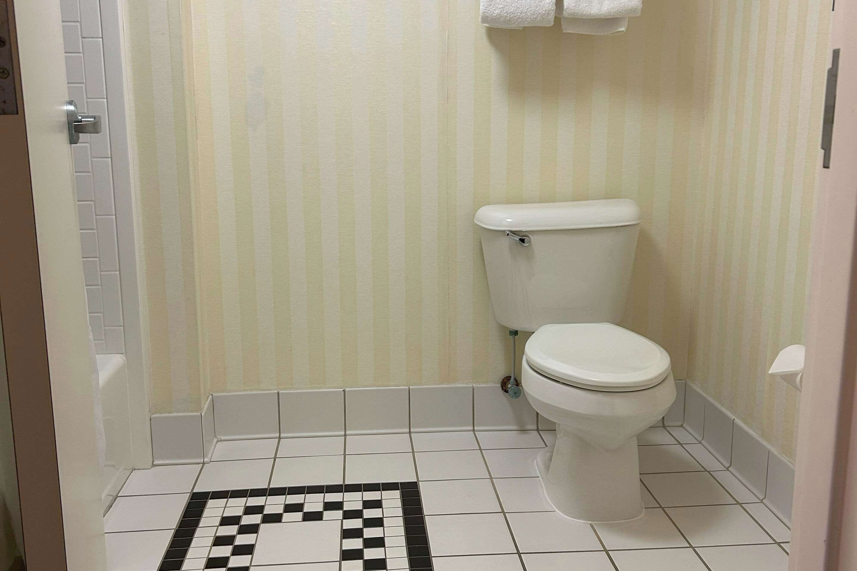 Een badkamer met een toilet, een zwart-wit geruit vloertapijt en gestreept behang.