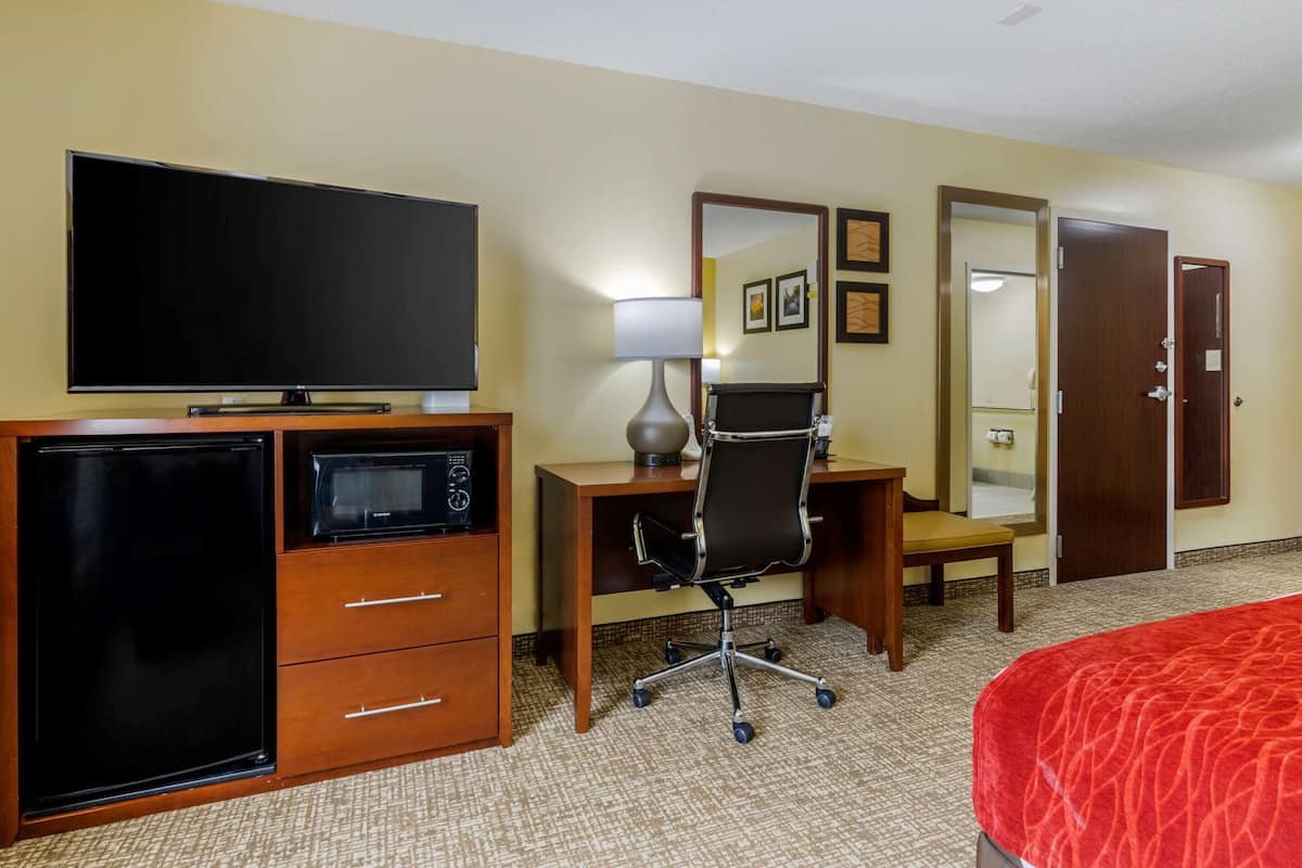 Une chambre d’hôtel équipée d’une télévision, d’un four à micro-ondes, d’un bureau avec une chaise, d’un lit et d’une porte.