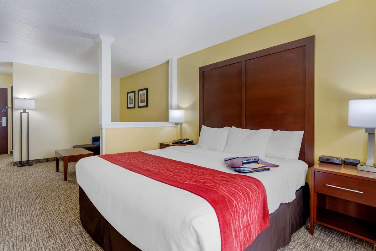 Une chambre d’hôtel avec un grand lit, une tête de lit en bois, une table de chevet avec une lampe et une petite table de nuit avec un téléphone et un livre.