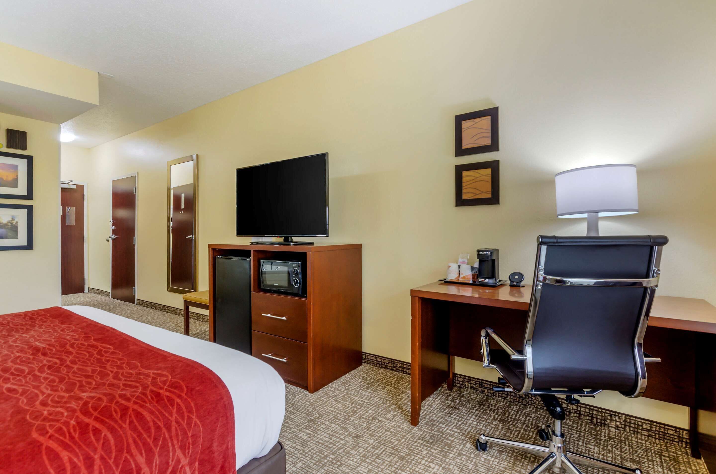 A hotel room with a bed, a desk with a chair, a television, a microwave, and a lamp.