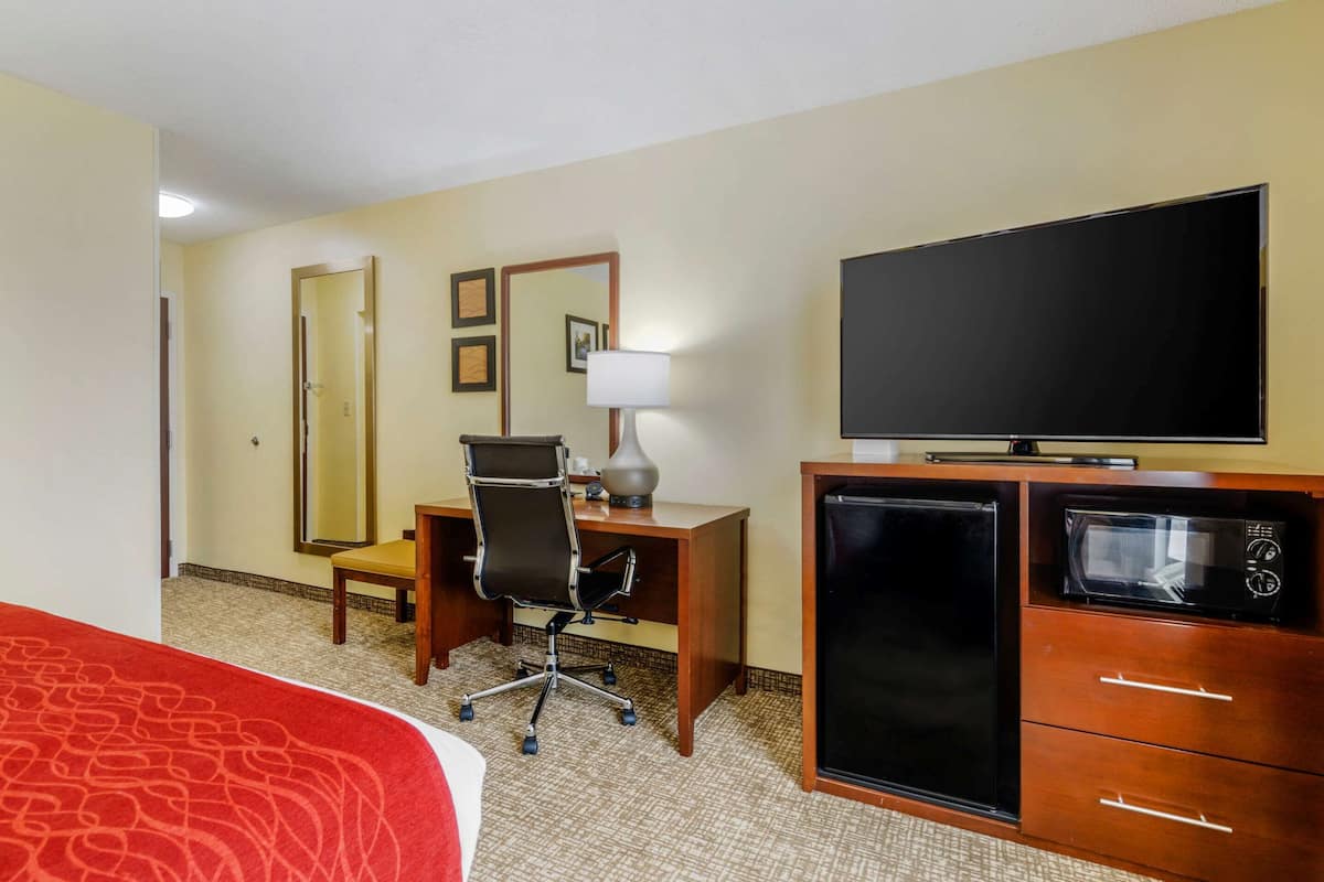 Une chambre d’hôtel équipée d’un lit, d’un bureau avec une chaise, d’une télévision, d’un four à micro-ondes et d’un réfrigérateur.