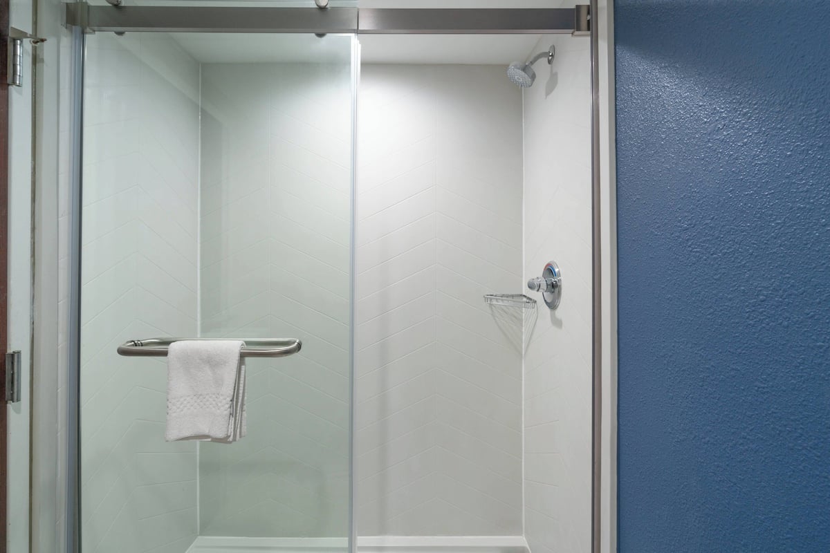 combined shower/bathtub, free toiletries, hair dryer, towels