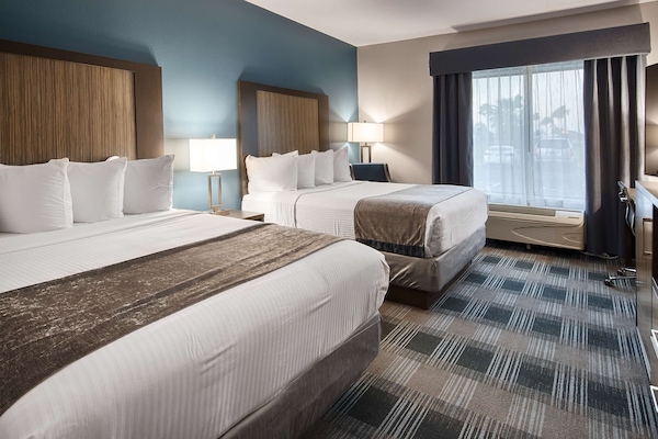 Desk, laptop workspace, blackout curtains, iron/ironing board