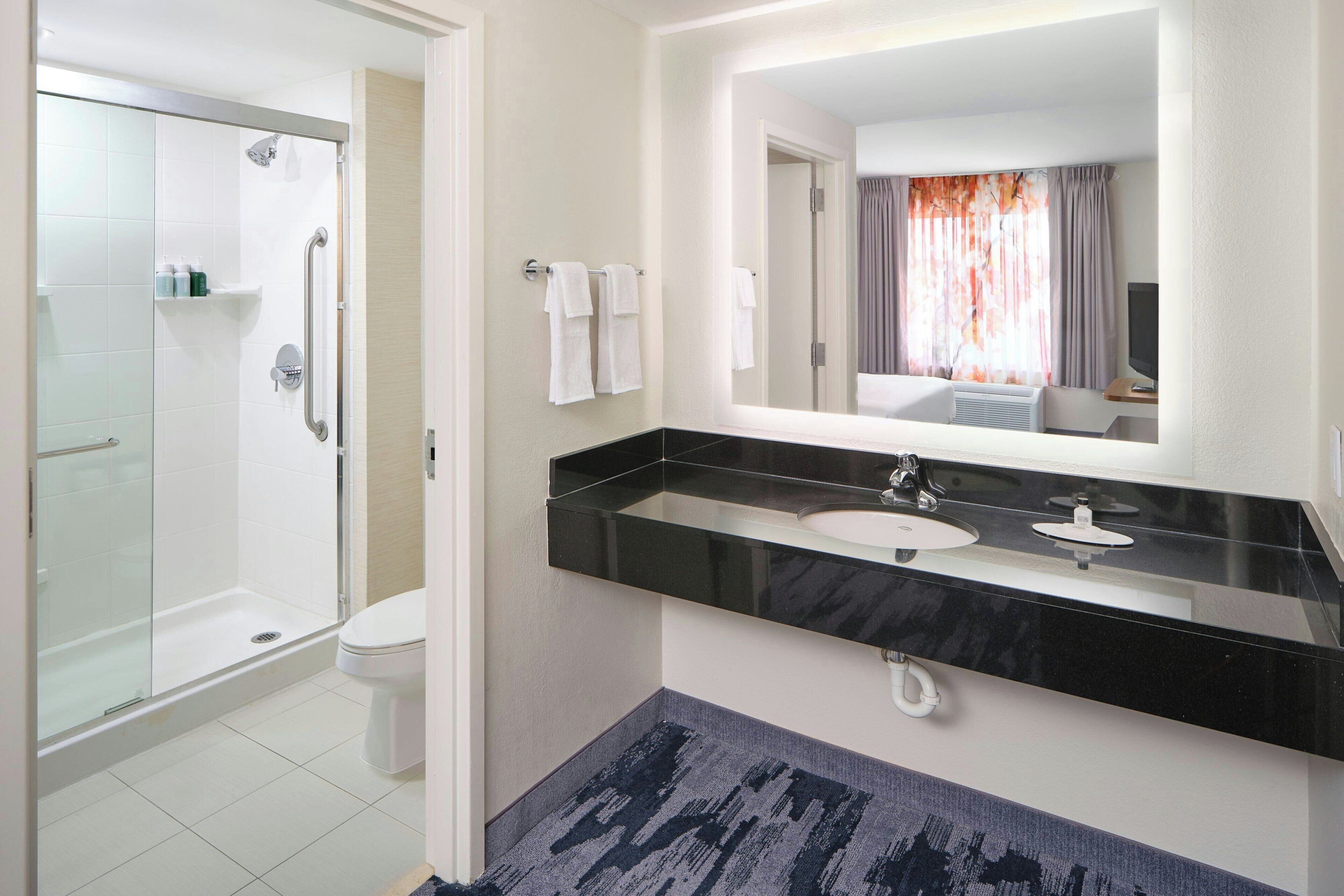 combined shower/bathtub, free toiletries, hair dryer, towels