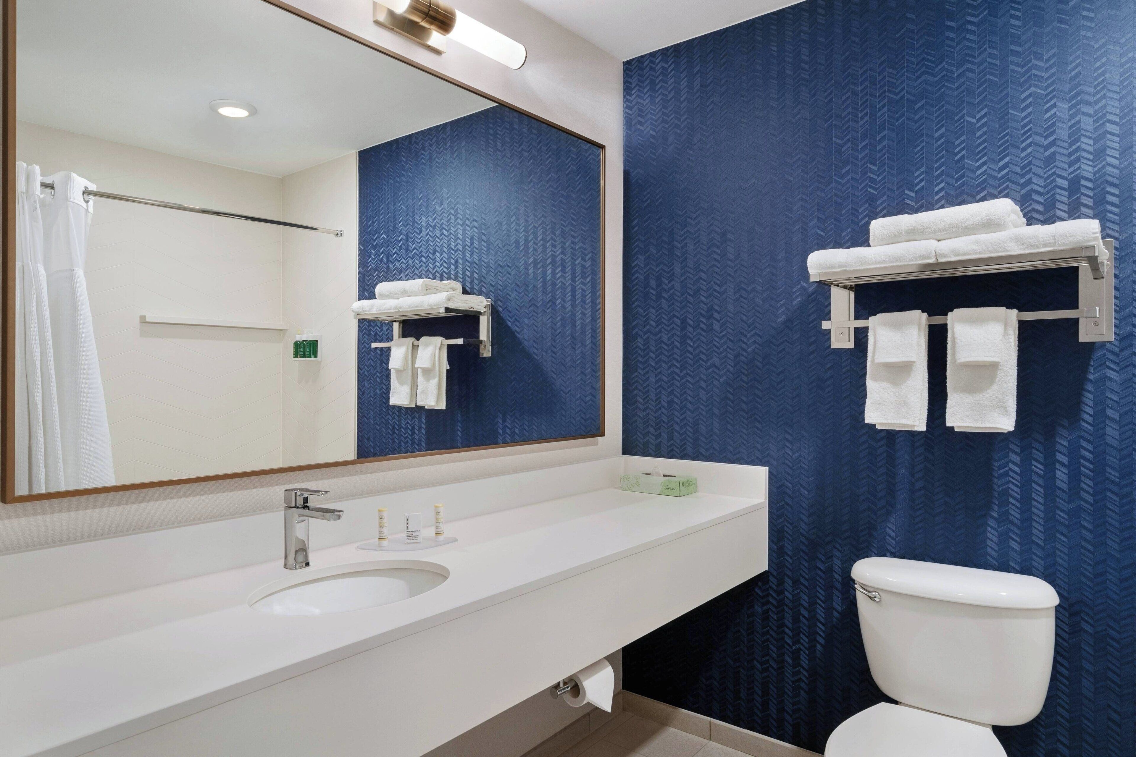 A modern bathroom with a white sink, a large mirror, and a blue patterned wall.