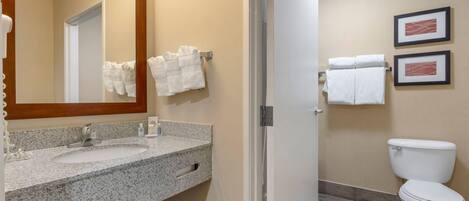 A bathroom with a granite countertop sink, a mirror, a toilet, and two framed pictures on the wall.