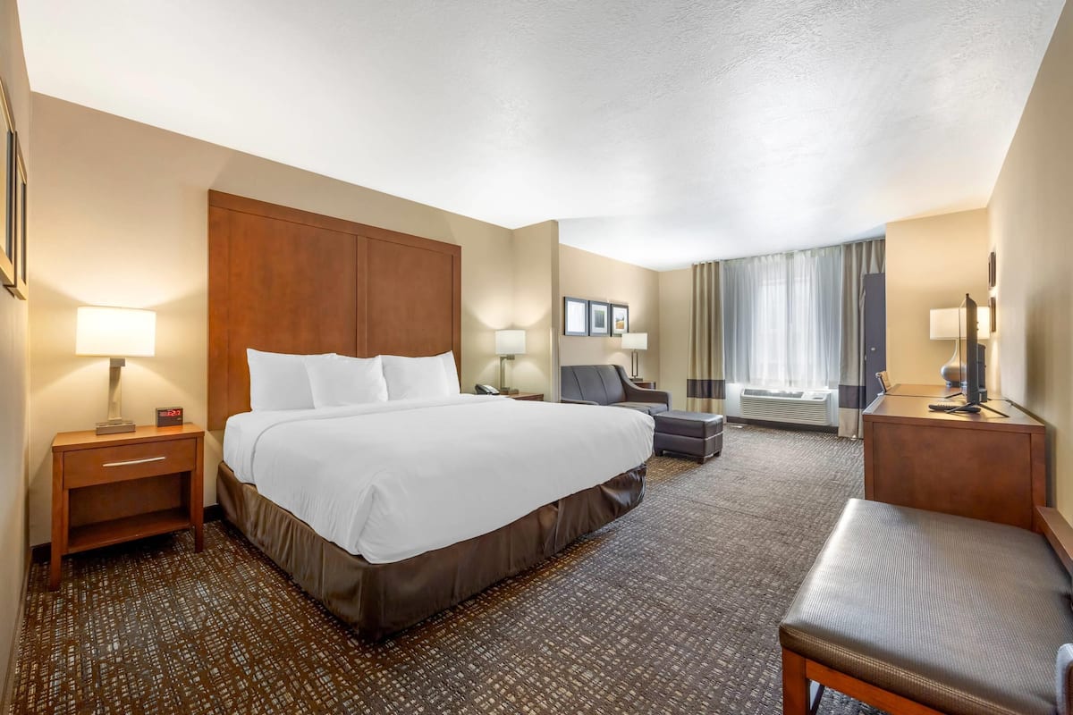 A hotel room with a large bed, bedside tables, a desk, a chair, and a view of the outdoors.