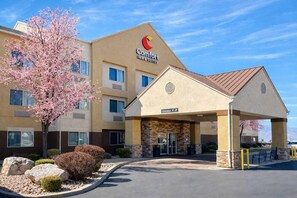 A Comfort Inn & Suites hotel with a stone facade, a covered entrance, and a cherry blossom tree. - Comfort Inn & Suites Orem - Provo (Orem)