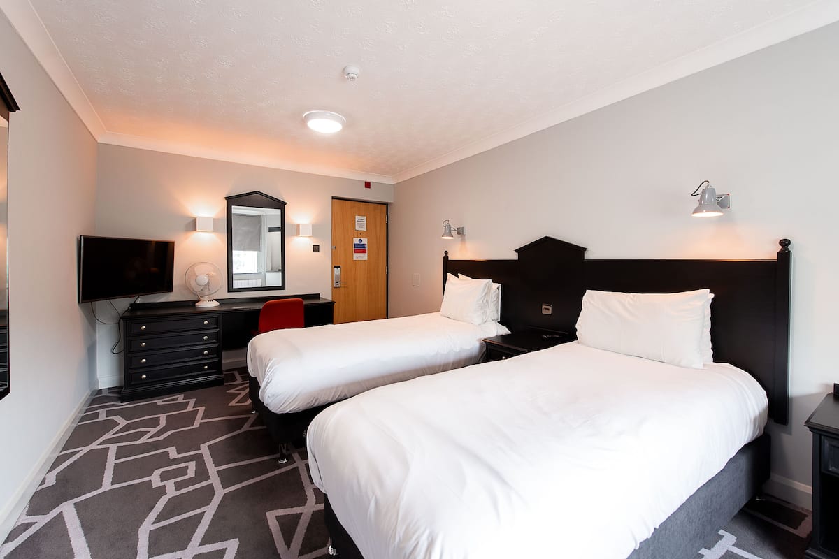 A hotel room with two beds, a desk with a chair, a television, and a mirror.