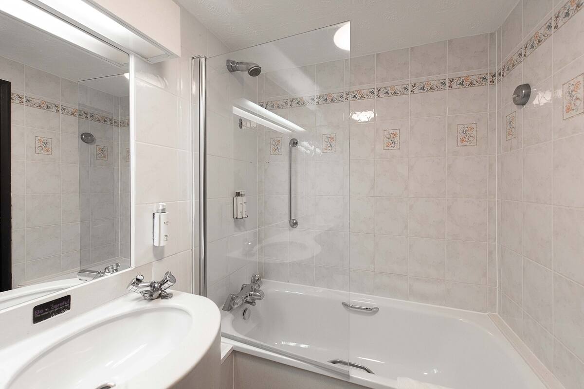 combined shower/bathtub, free toiletries, hair dryer, towels