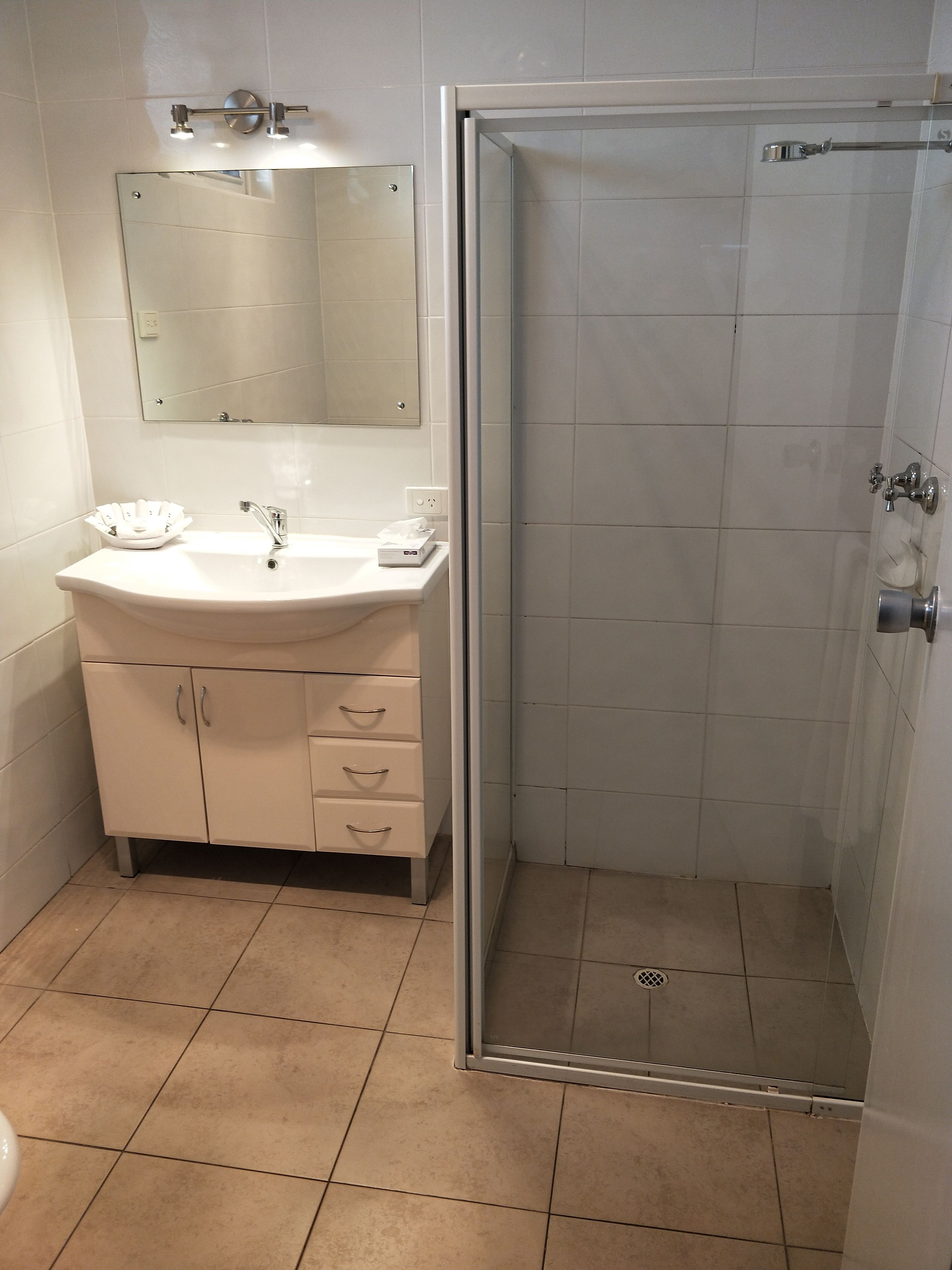 family room | bathroom | shower, hair dryer, towels